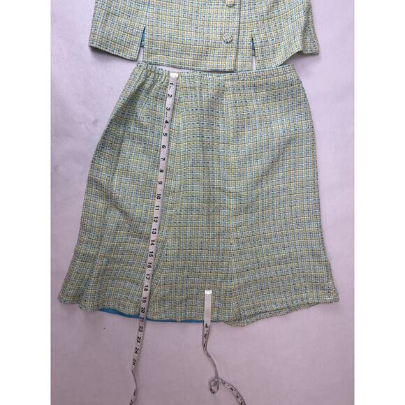 Light Academia Julian Taylor Tweed Skirt Suit Blazer Plaid Blue Yellow Size 8P - Picture 8 of 11